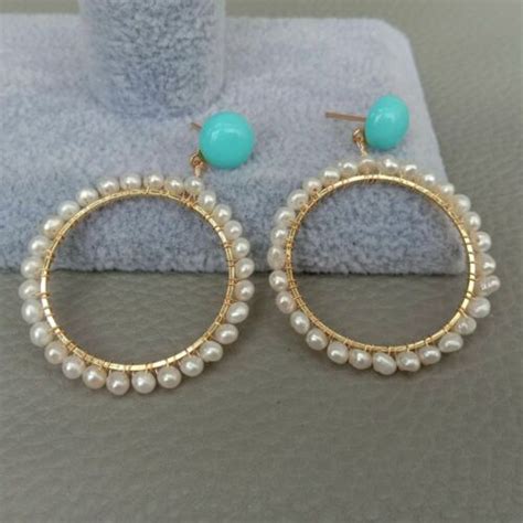 Mm Cultured White Pearl Blue Turquoise Hoop Earrings Kt Yellow