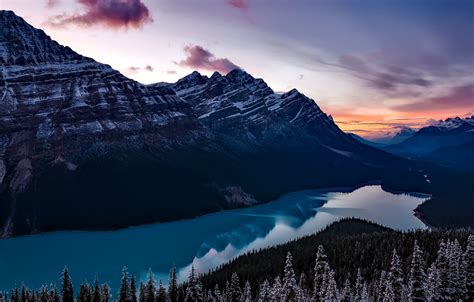 Wallpaper Forest Snow Sunset Mountains Lake The Evening Canada
