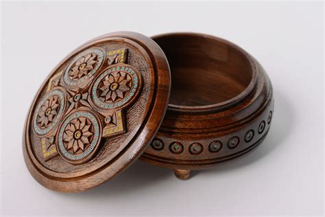 Buy Handmade Round Wooden Jewelry Box On Legs With Art Carving And Bead