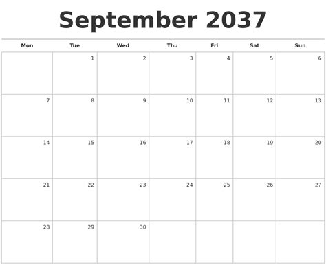September 2037 Blank Monthly Calendar