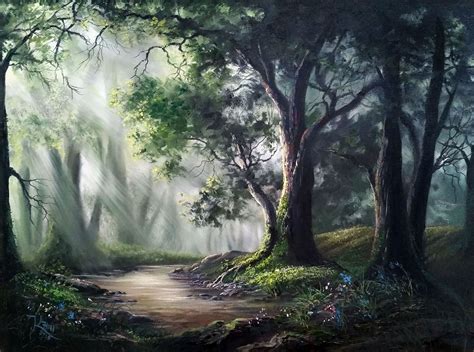 A Painting Of A Forest Scene With Sunlight Streaming Through The Trees