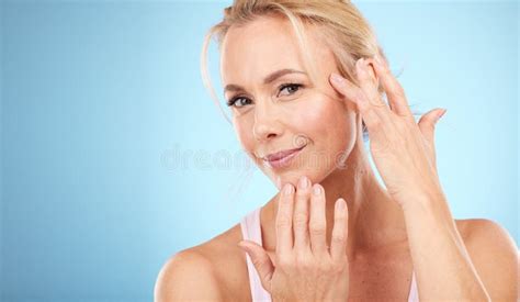 Woman Face And Portrait Of Beauty For Skincare Spa Mockup And Blue Background Of Wellness