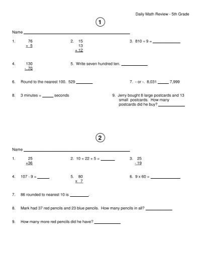 Daily Math Review 5th Grade Name 1 76 2 15 3 810 Aea 267