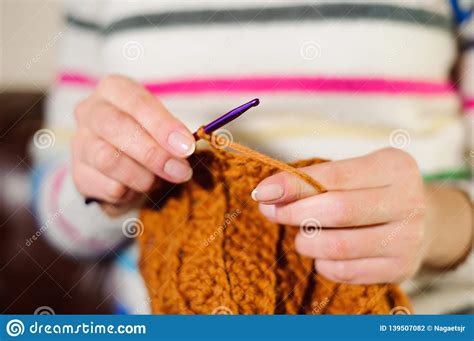 Close Up Of Hands Knitting Process Of Knitting Stock Photo Image Of