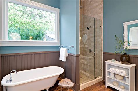 The kitchen, dining area, and living room are designed with modern interior in the same style. Modern reincarnation of traditional Victorian bathroom ...