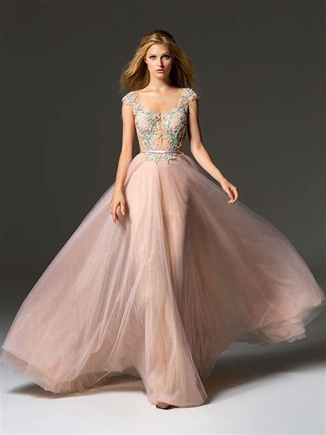 Style 363 Illusion Neckline A Line Evening Gown With Cap Sleeves