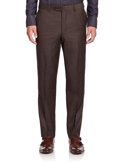 Saks Fifth Avenue Wool Flat Front Pants In Brown For Men Lyst