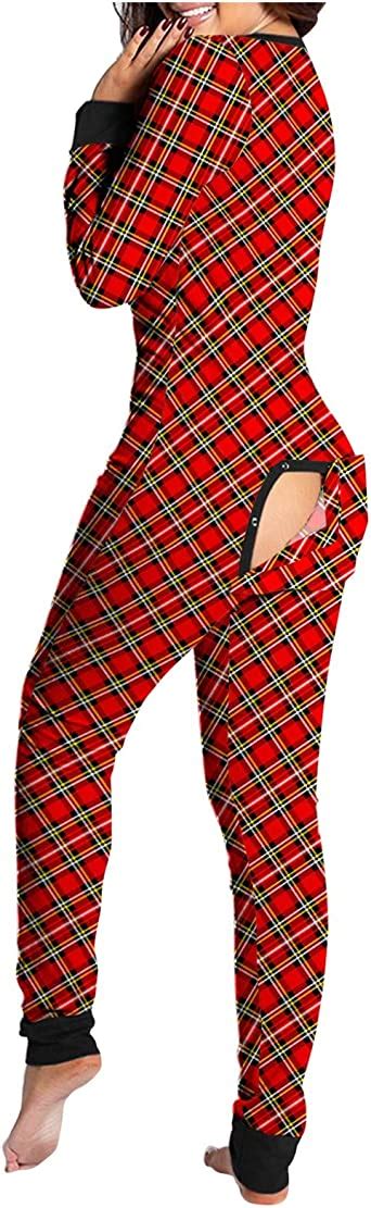 Facaia Womens Butt Flap Pajamas Button Down Front Functional Buttoned Flap Adults Sleepwear