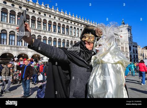 Venice Italy 12th Feb 2023 Revellers Take Selfies Costumed Carnival Participants And