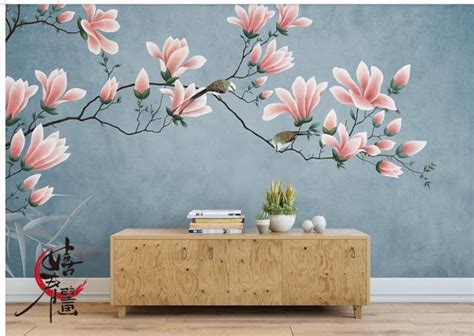 Hanging Magnolia Wallpaper Bids And Pink Flowers Wall Murals Etsy