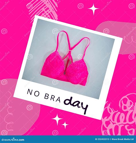 Image Of No Bra Day Over Pink Background And Photo With Pink Bra Stock