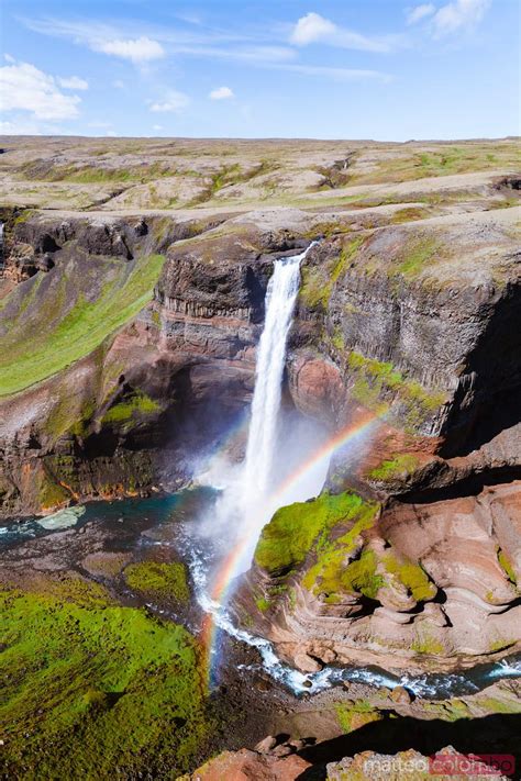 Aerial Drone View Of Haifoss Waterfall With Rainbow Iceland