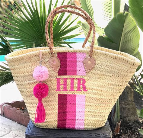 Personalized Straw Basket Painted French Market Basket Three Pink
