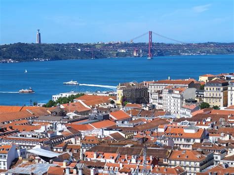 Lisbon Portugal Aerial View Of Lisbon With Red Bridge Of 25 April At