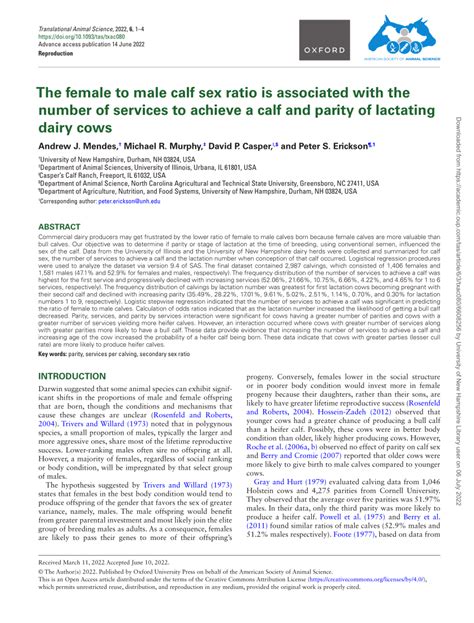 Pdf The Female To Male Calf Sex Ratio Is Associated With The Number Of Services To Achieve A