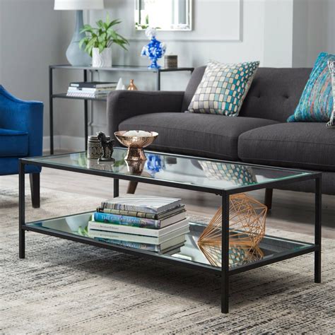 Contemporary Glam Metal Glass Modern Black Coffee Table Cocktail Table W Shelf Tables