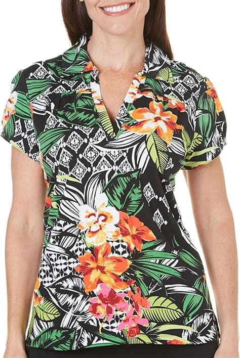 Caribbean Joe Womens Tropical Ikat Polo Shirt Medium Black Multi