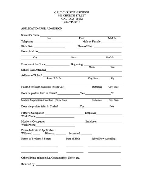 Application For Admission Galt Christian School