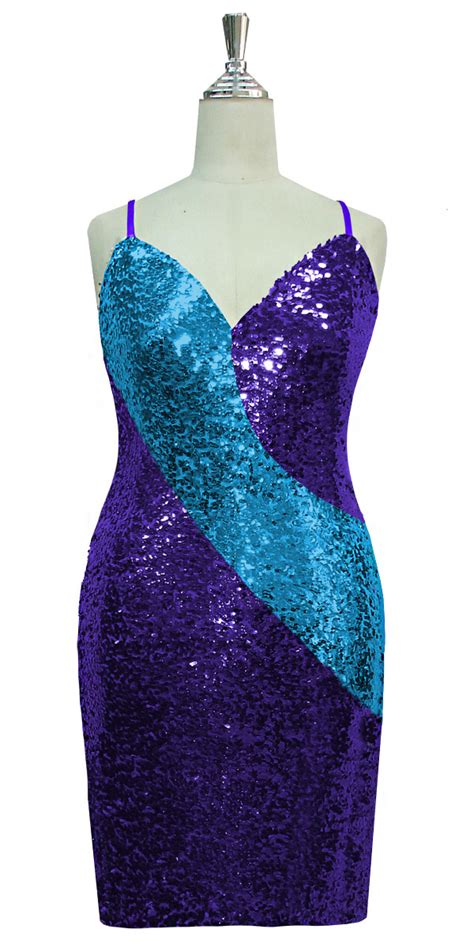 Short Dress Patterned Classic Cut Purple And Turquoise Sequin