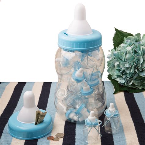 Giant Blue Baby Bottle Bank With 16 Small Bottle Favors Party