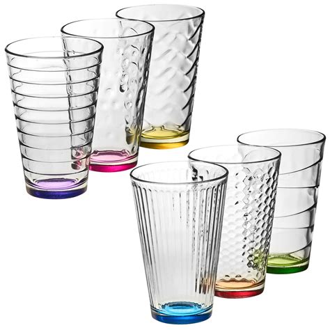 6 x 300ml Stylish Coloured Base Drinking Glasses Set Modern Design Cups ...