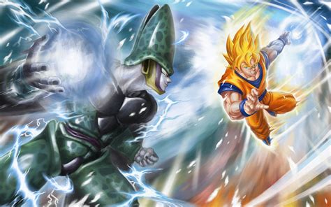 The fifth movie dragon ball z was released in 1991 and titled dragon ball z: Dragon Ball Z Goku Super Saiyan vs Cell Perfect Form Wallpaper | Anime | Pinterest | Goku super ...