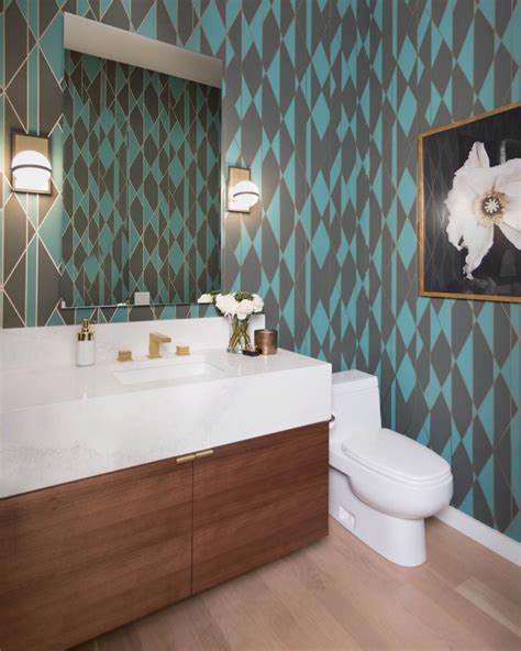 Eclectic Powder Room With Blue And Gray Geometric