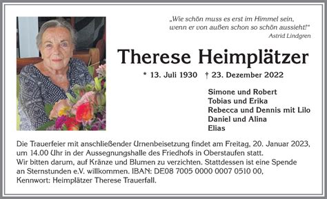 Traueranzeigen Von Therese Heimpl Tzer Augsburger Allgemeine Zeitung