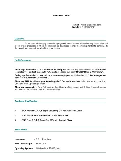 Declaration in resume is a mode of faith and simplicity upon the candidate, where the hr discovers genuine information provided by the candidate. Mukesh MCA Fresher Resume 1111