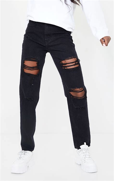 Prettylittlething Tall Black Distressed Mom Jeans Prettylittlething Ie