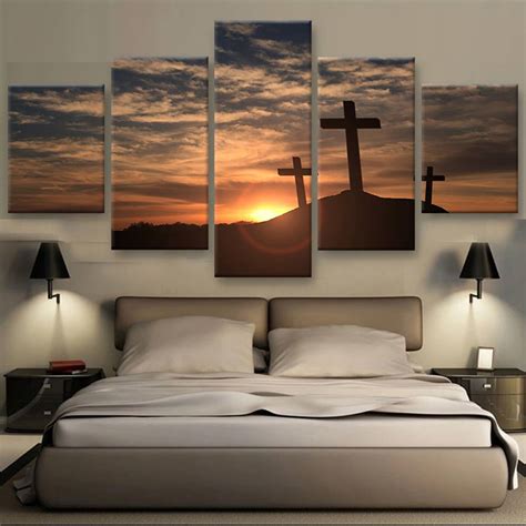 The cross decor & design. 5 panels print crosses at sunset painting modern home ...