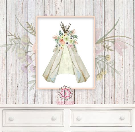 Boho Nursery Print Wall Art Watercolor Teepee Floral Tribal Woodland R