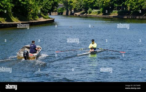 2 Men In Boats On Sunny Scenic River Ouse Sculler Rowing Single Scull