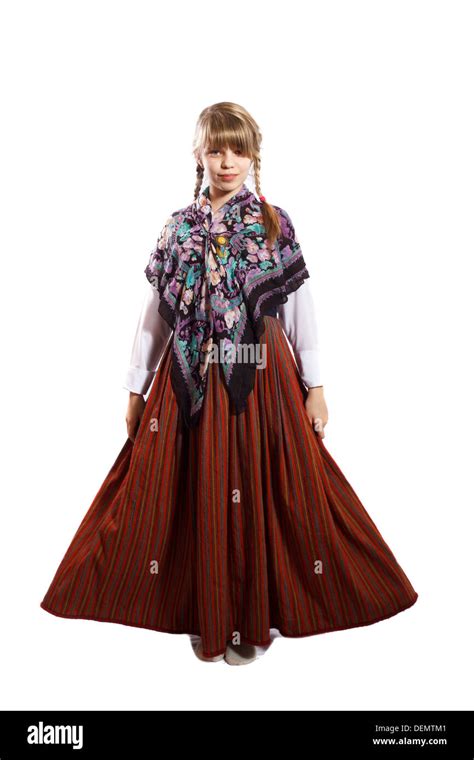 Latvian Girl In National Costume On A White Background Stock Photo