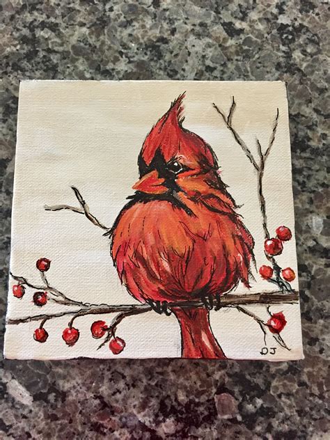 Cardinal Acrylic Painting On Red Berry Branch Bird Painting Acrylic