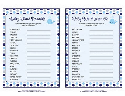 Word Scramble Baby Shower Game Whale Baby Shower Theme For Baby Boy