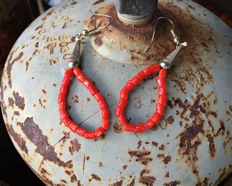 Natural Red Coral Bead Hoop Earrings With Sterling Silver Cones Native