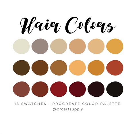 A palette of 137 colors with names, rgb values and hex (html) code. HAIR COLORS PROCREATE Color Palette - Dark Brown, Light ...