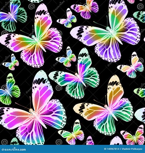 Seamless Pattern Of Colored Tropical Butterflies Isolated On White