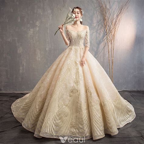 Luxury Gorgeous Champagne Wedding Dresses 2019 A Line Princess Off