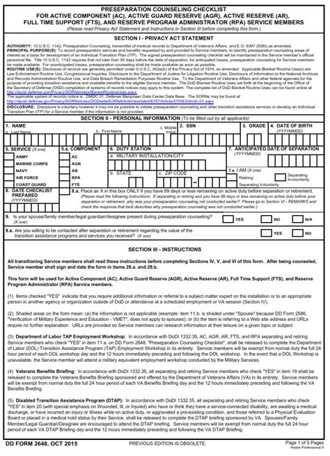 Dd Form 2648 Service Member Pre Separationtransition Counseling And