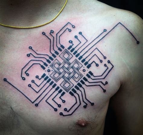 A Mans Chest With An Electronic Circuit Tattoo On It