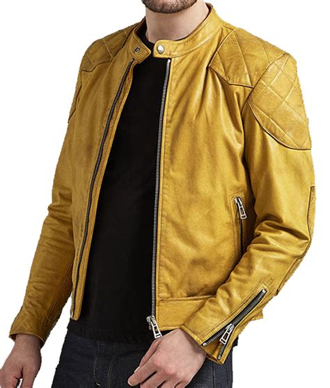 Quilted Design Mens Cafe Racer Yellow Leather Jacket Jackets Creator