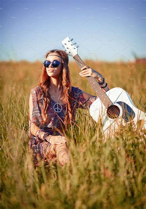 Lovely Young Hippie Girl With Guitar High Quality People Images