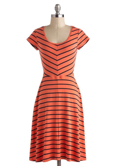 Fresh As Papaya Dress Cotton Long Coral Blue Stripes Casual A