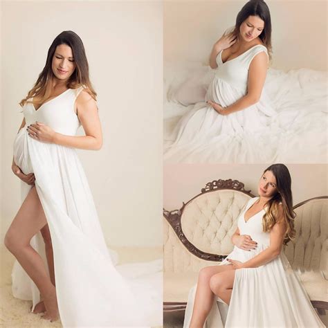 Puseky Maternity Women Dress White V Neck Sleeveless High Slit Maxi