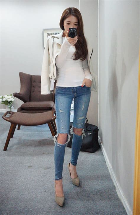 Chuu Ripped Knees Light Blue Skinny Jeans Latest Korean Fashion K Pop Styles Fashion