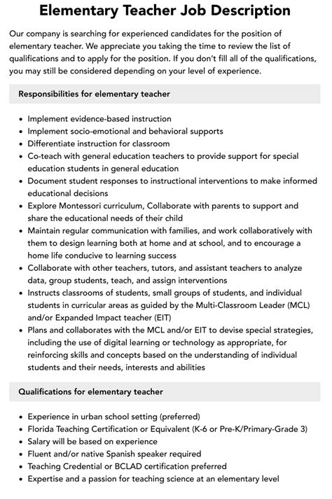 Elementary Teacher Job Description Velvet Jobs