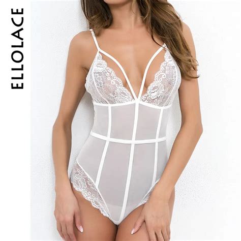 Ellolace Sexy Mesh Bodysuit Women Hollow Out Deep V Sleeveless Catsuit Strap Lace Seamless Sexy