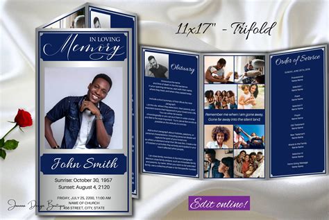 Blue Funeral Program Template Trifold Navy Blue Silver Etsy